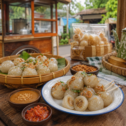 Sejarah cilok dan asal-usul kuliner khas Sunda dengan cilok tradisional, bumbu kacang, dan suasana jajanan lokal Jawa Barat.