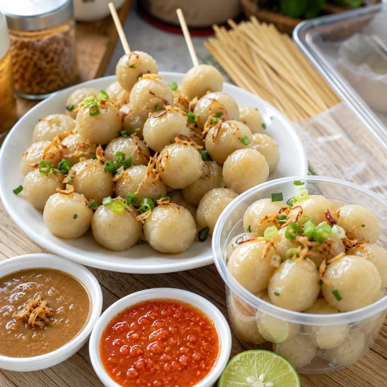 Cilok mini kenyal dan gurih dengan saus pendamping, cocok untuk resep cilok mini, cara membuat cilok mini, dan ide bisnis cilok yang menguntungkan.
