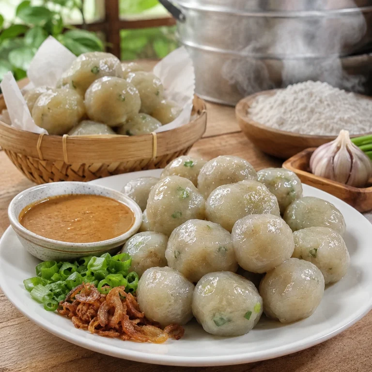 Resep cilok original kenyal dan gurih yang mudah dibuat, dengan tampilan cilok bulat lembut khas Indonesia yang cocok untuk camilan rumahan.